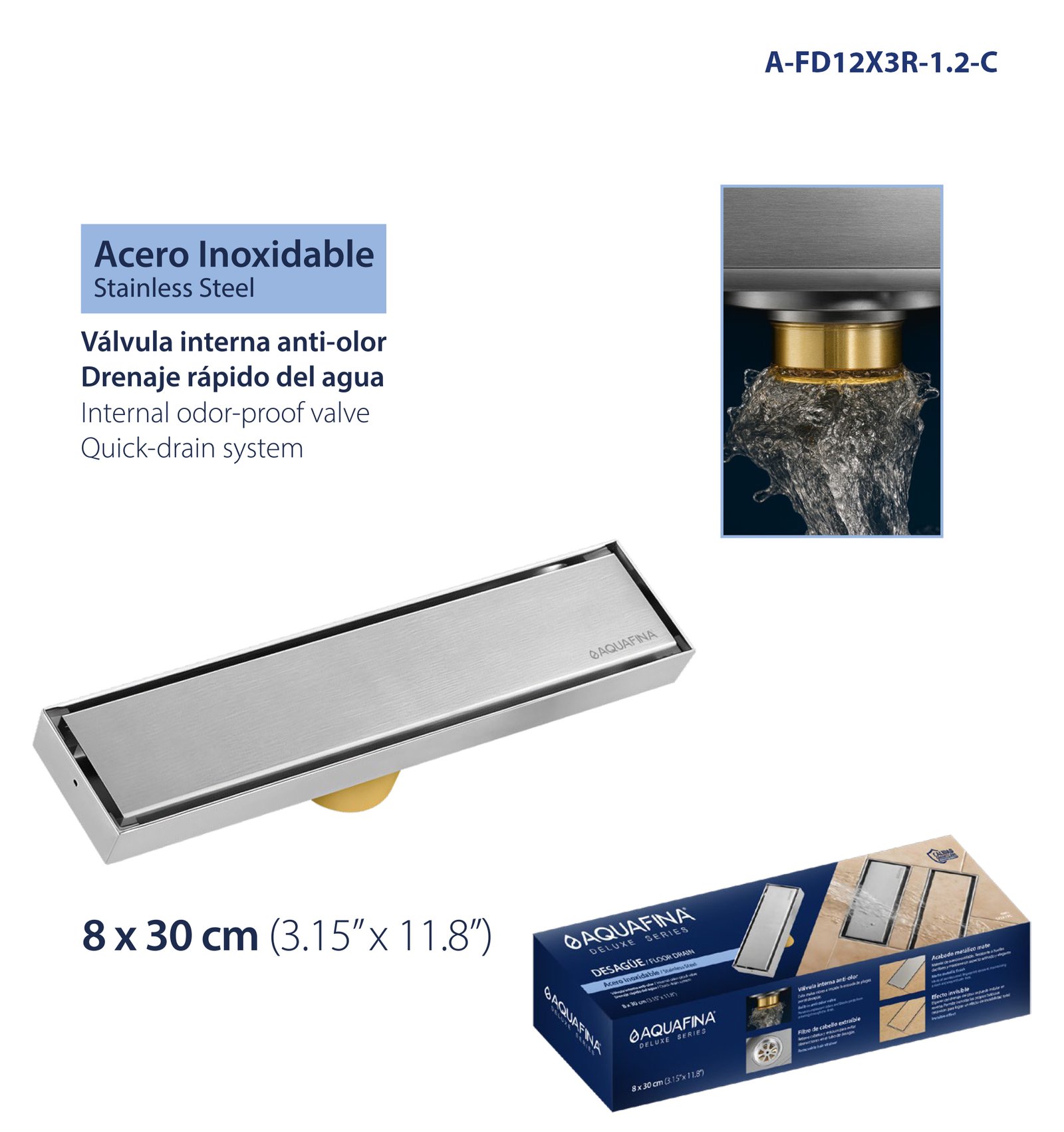 Desagüe para Piso Rectangular Invisible 3.15"X11.8" (8 x 30CM)VALVULA Interna Anti-olor Material Acero Inoxidable Aquafina