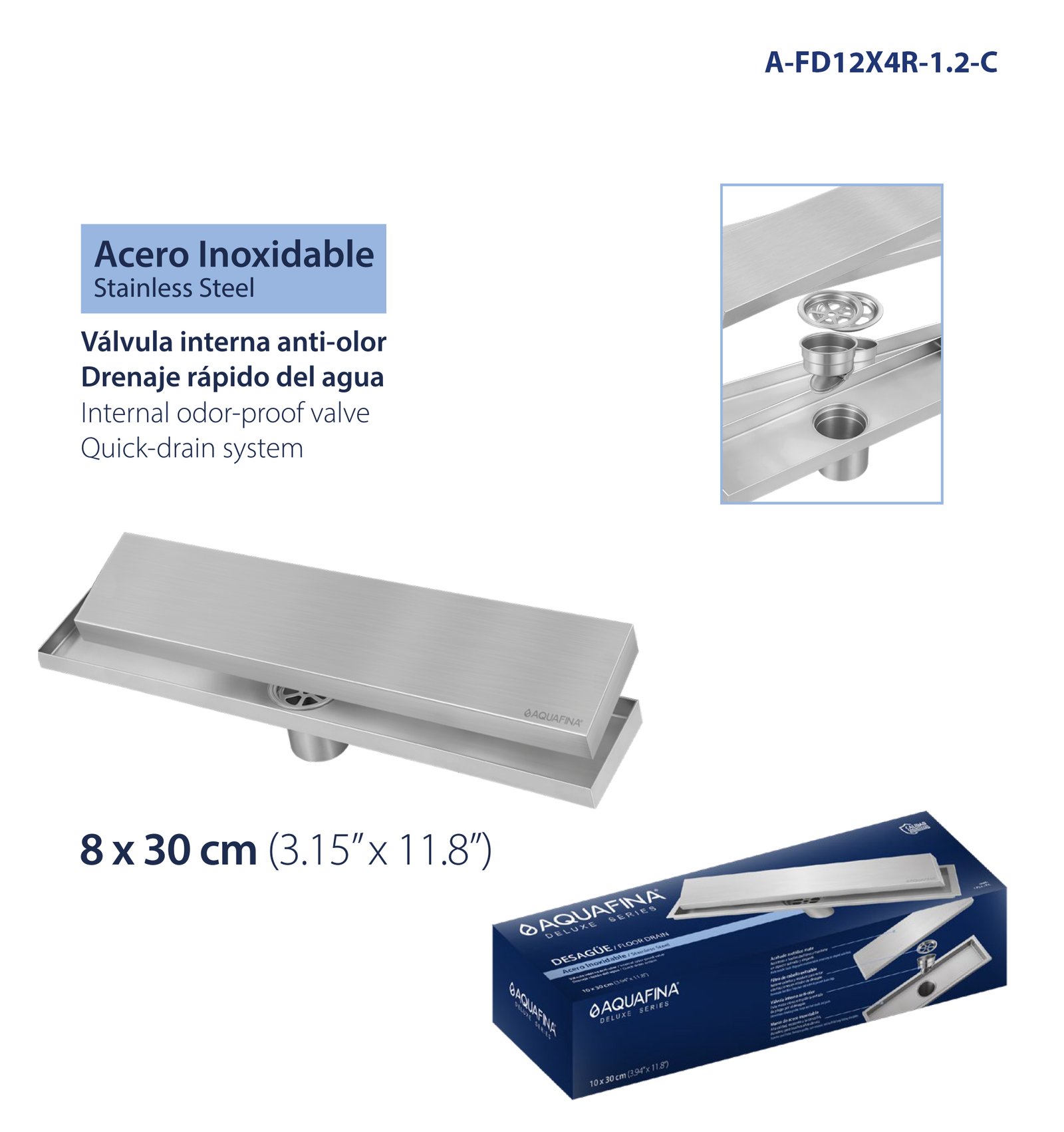 Desagüe para Piso Rectangular Invisible 3.15" X 11.8" (8 x 30CM) Válvula Interna Anti-olor Material Acero Inoxidable Aquafina