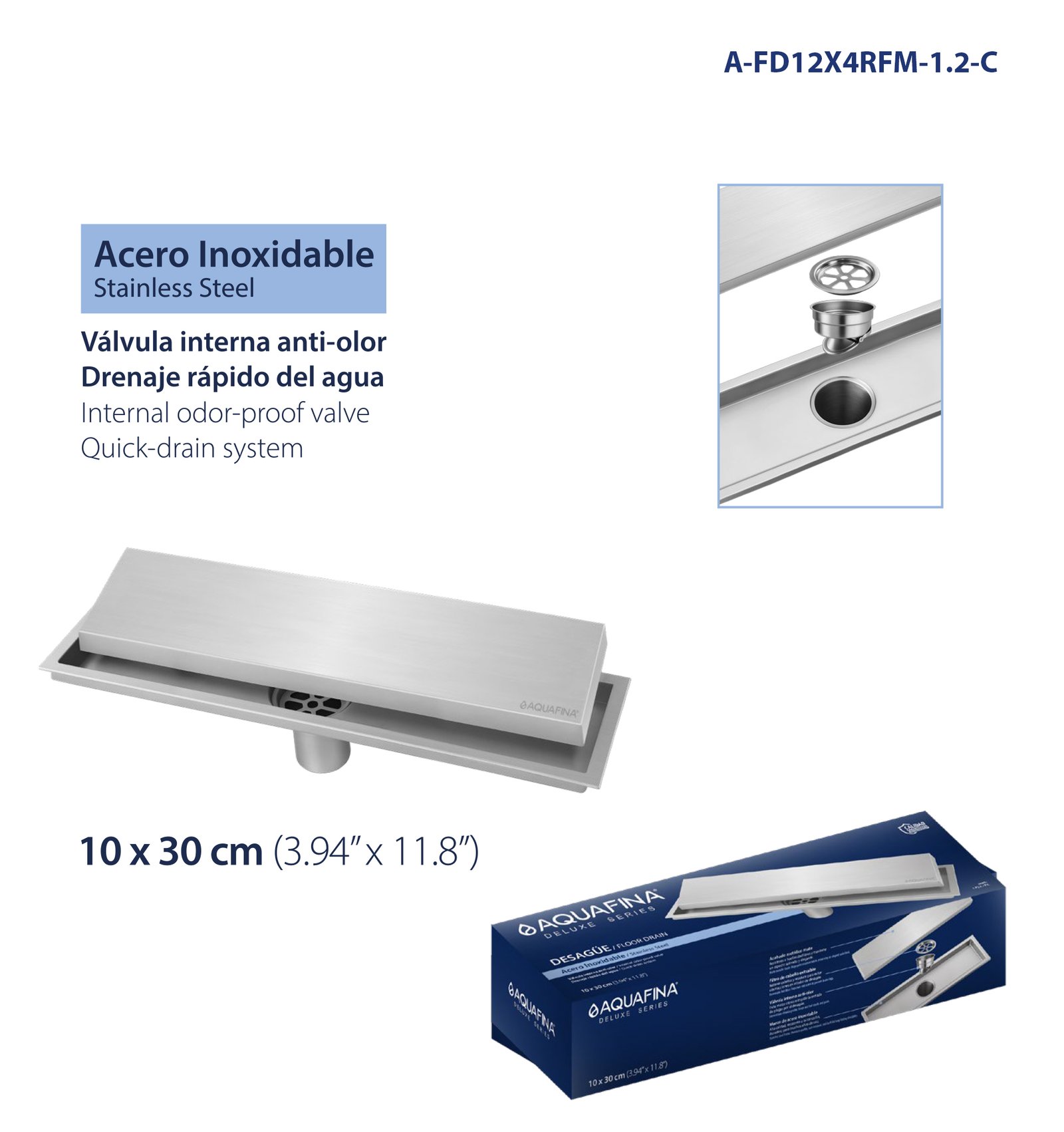 Desagüe para Piso Rectangular Invisible 3.94" X 11.8" (10 x 30CM) Válvula Interna Anti-olor Material Acero Inoxidable Aquafina