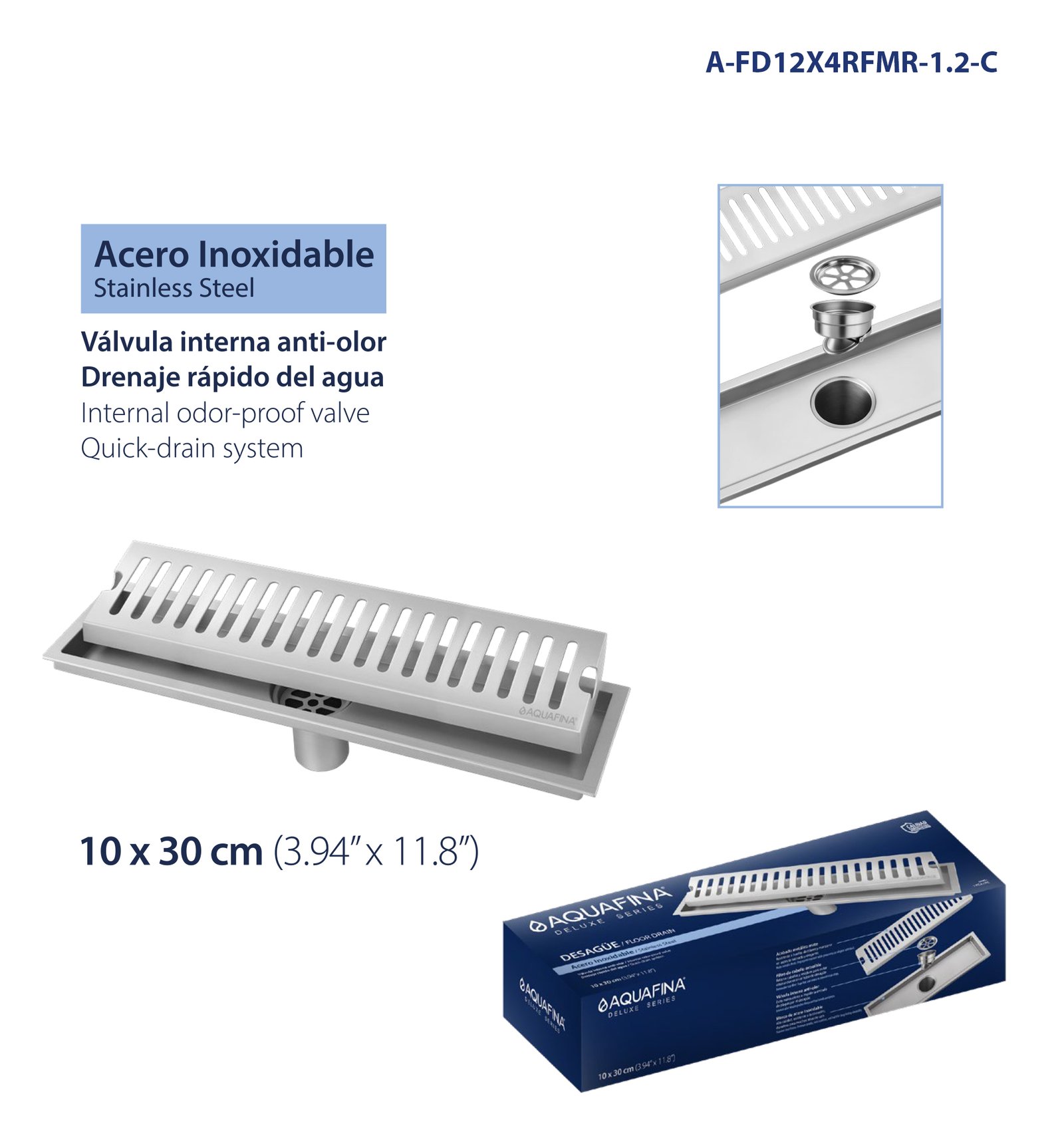 Desagüe para Piso Rectangular C/rejilla y Marco 3.94" X 11.8" (10 x 30CM) Válvula Interna Anti-olor Material Acero Inoxidable Aquafina