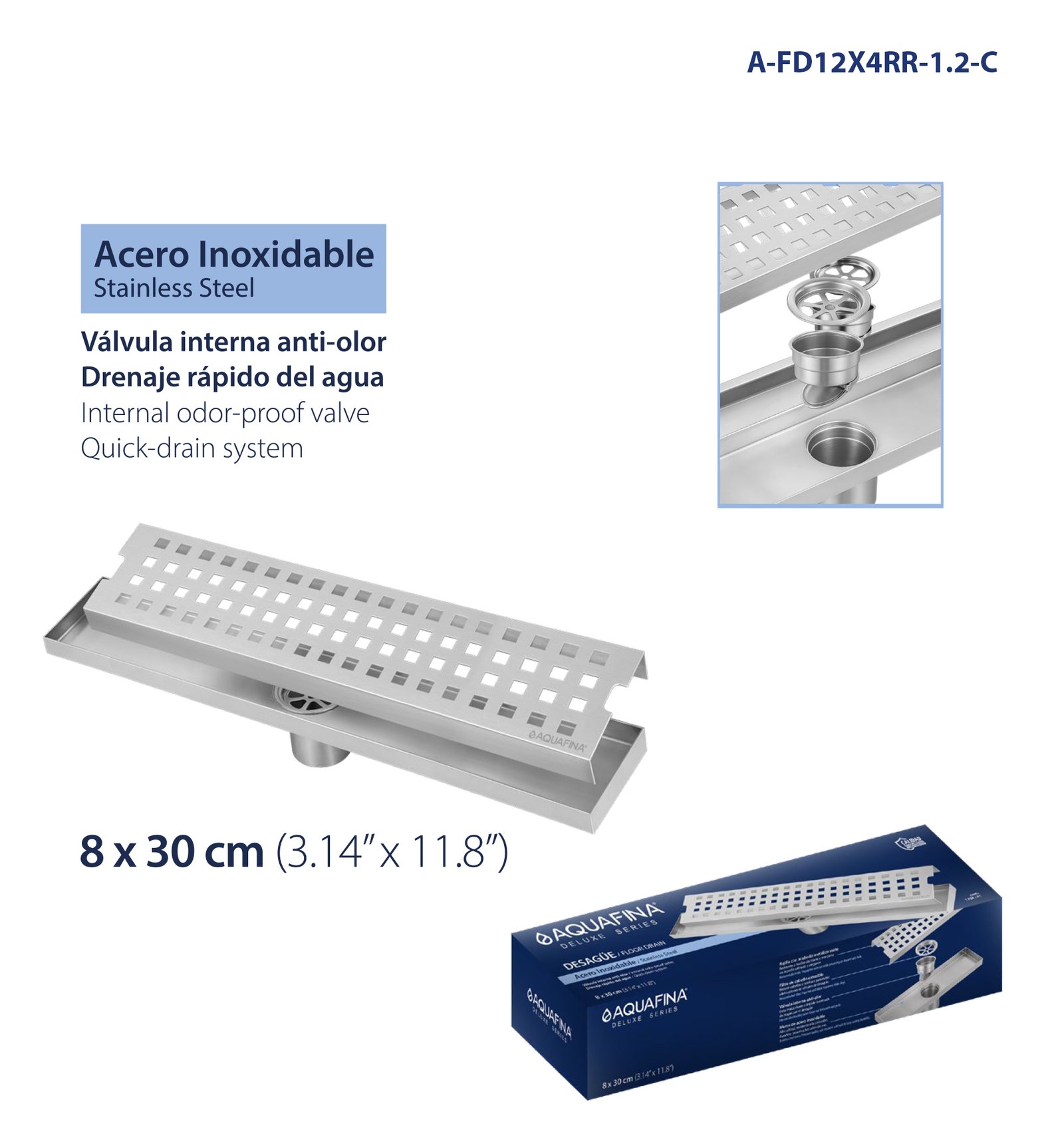 Desagüe para Piso Rectangular C/rejilla 3.14"X11.8"(8 x 30CM) Válvula Interna Anti-olor Material Acero Inox Aquafina