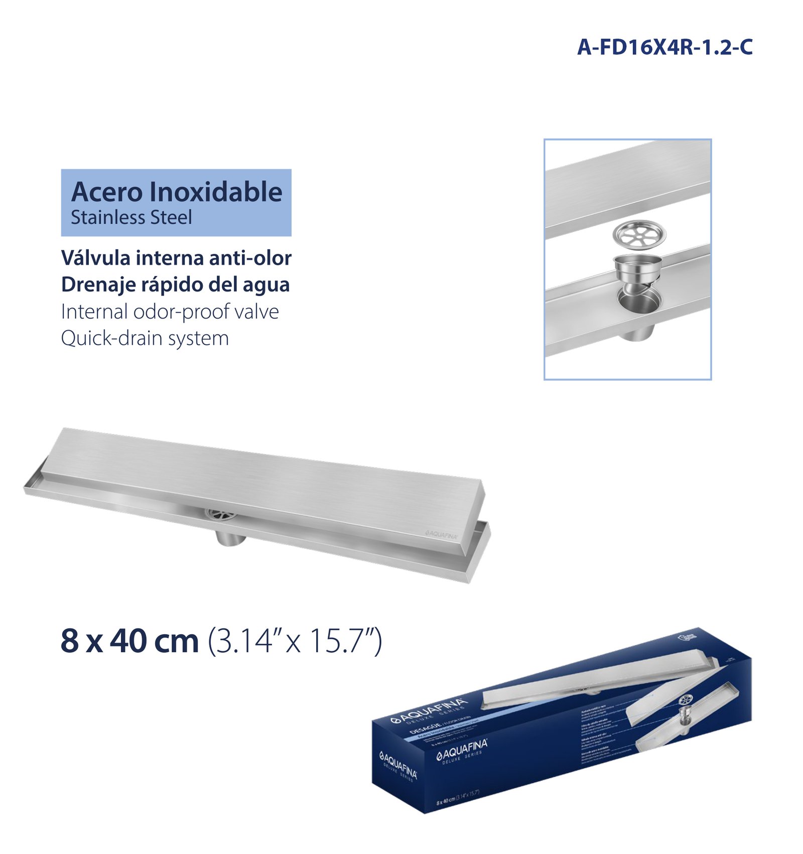 Desagüe para Piso Rectangular Invisible Sin Marco 3.14" X 15.7" (8 x 40CM) Válvula Interna Anti-olor Material Acero Inoxidable Aquafina