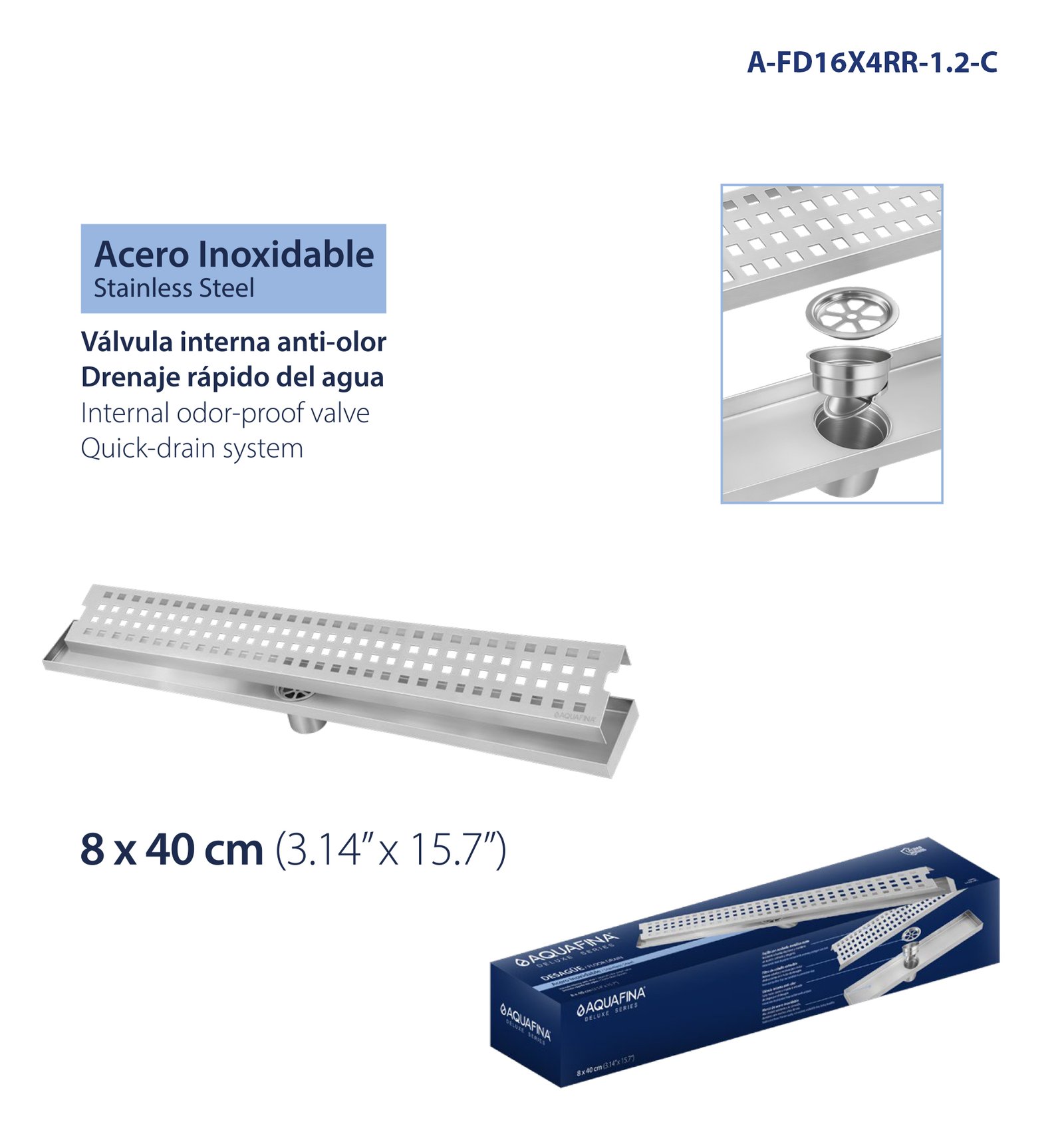 Desagüe para Piso Rectangular Invisible con Rejilla 3.14" X 15.7" (10 x 40CM) Válvula Interna Anti-olor Material Acero Inoxidable Aquafina