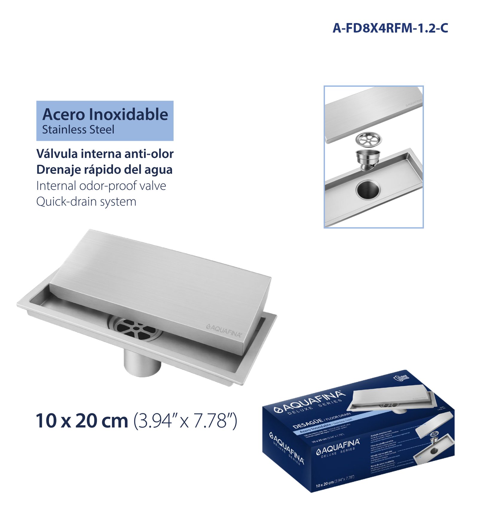 Desagüe para Piso Rectangular Invisible con Marco 3.94" X 7.78" (10 x 20CM) Válvula Interna Anti-olor Material Acero Inoxidable Aquafina