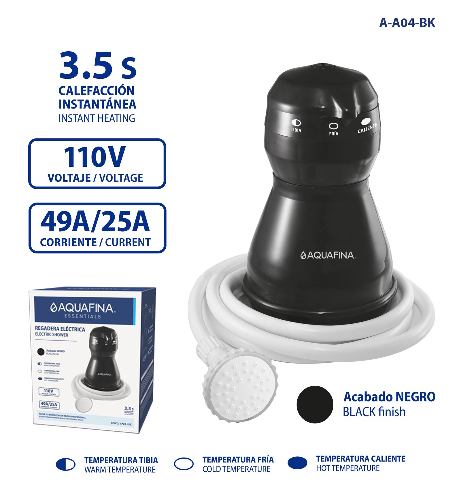 Ducha Eléctrica 3TEMP 49A/25A C/ducha Teléfono Acabado Negro 110V Aquafina