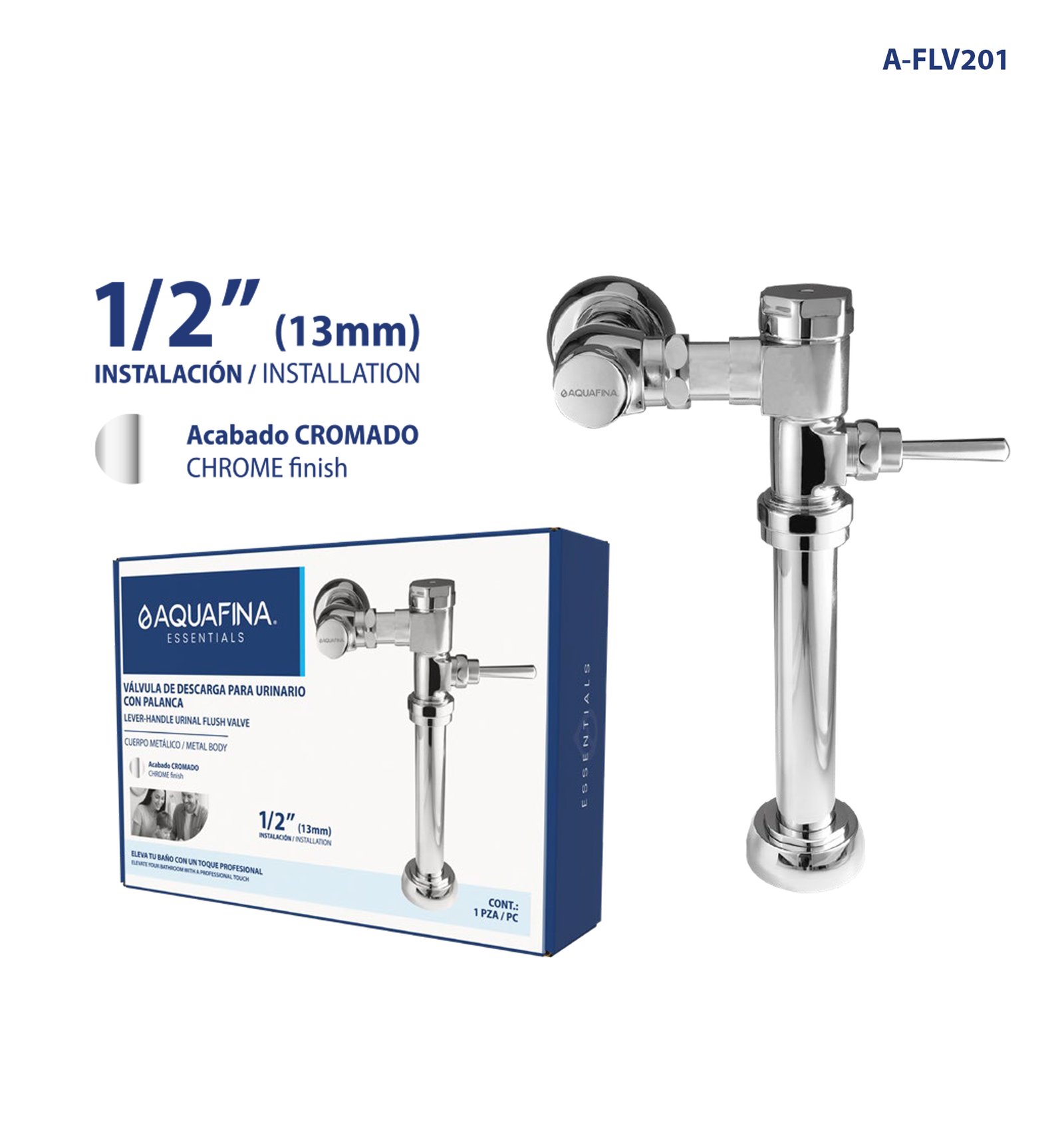 Fluxómetro Largo C/palanca para Urinario Cuerpo Metálico de 1/2" Acabado Cromado Aquafina