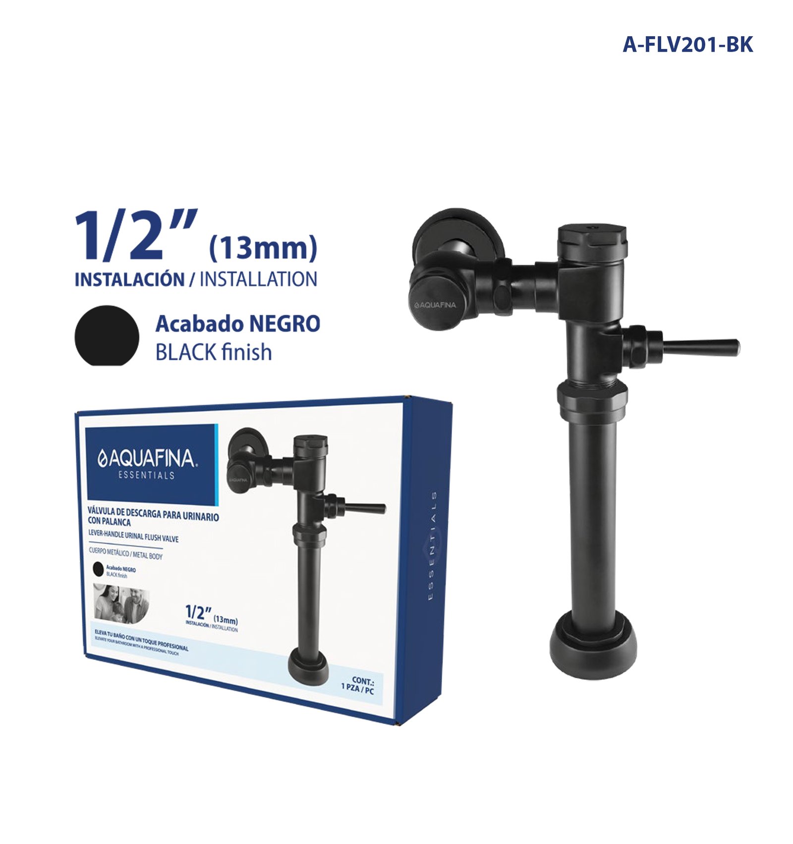 Fluxómetro Largo C/palanca para Urinario Cuerpo Metálico de 1/2" Acabado Negro Aquafina