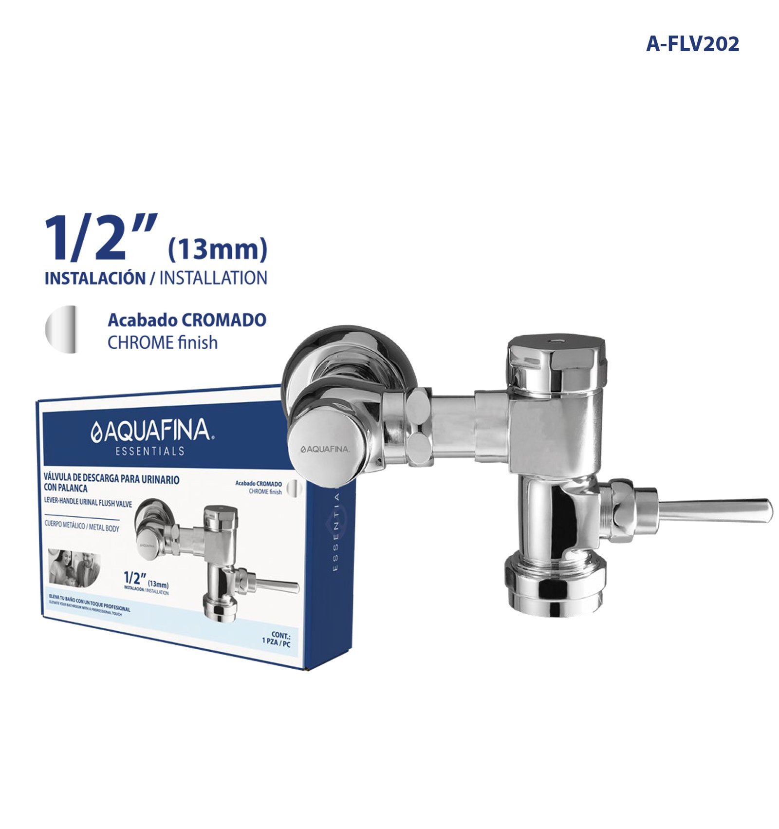 Fluxómetro Corto C/palanca para Urinario Cuerpo Metálico de 1/2" Acabado Cromado Aquafina