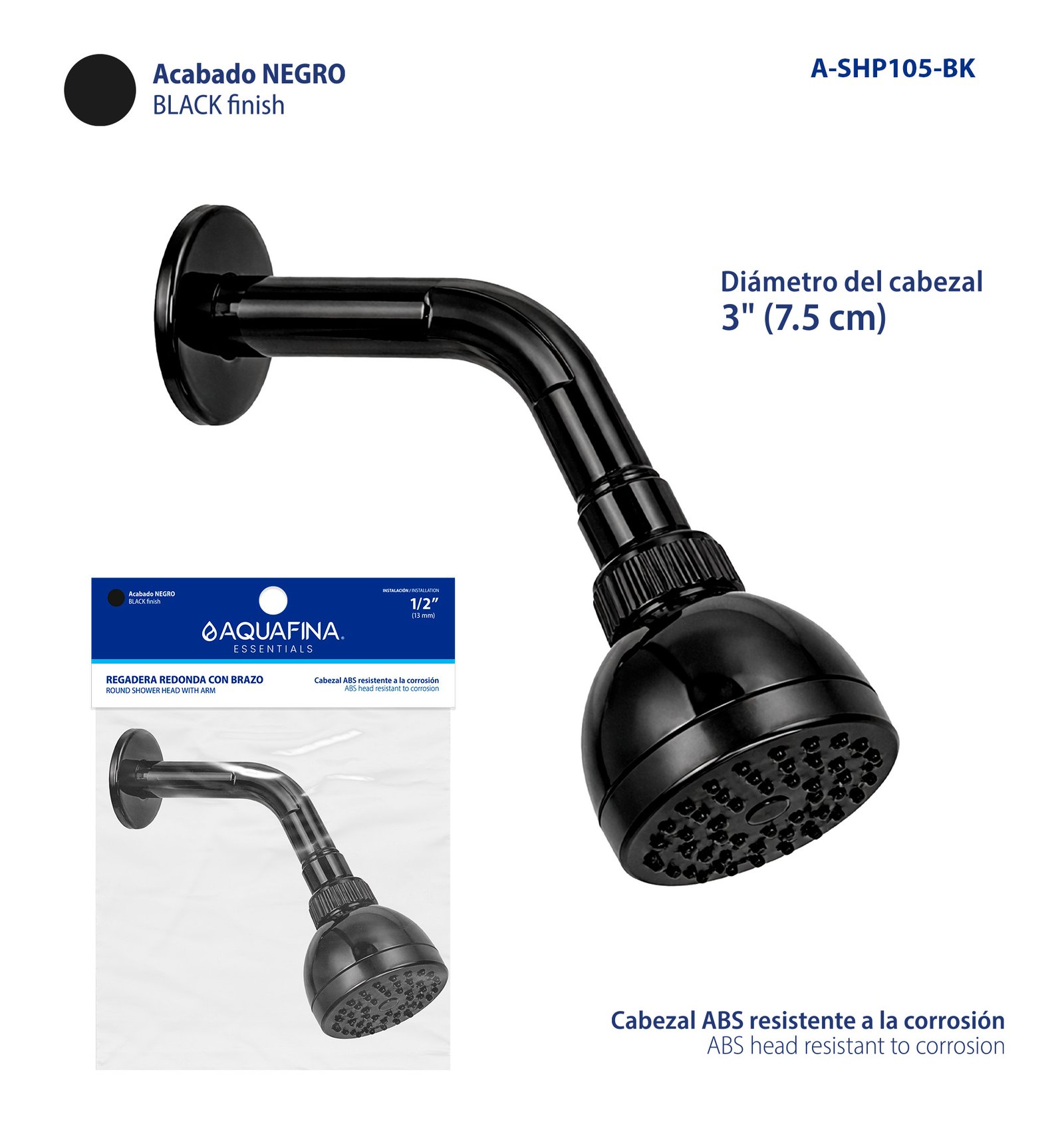 Regadera Redonda con Brazo 3" - Acabado Negro Aquafina