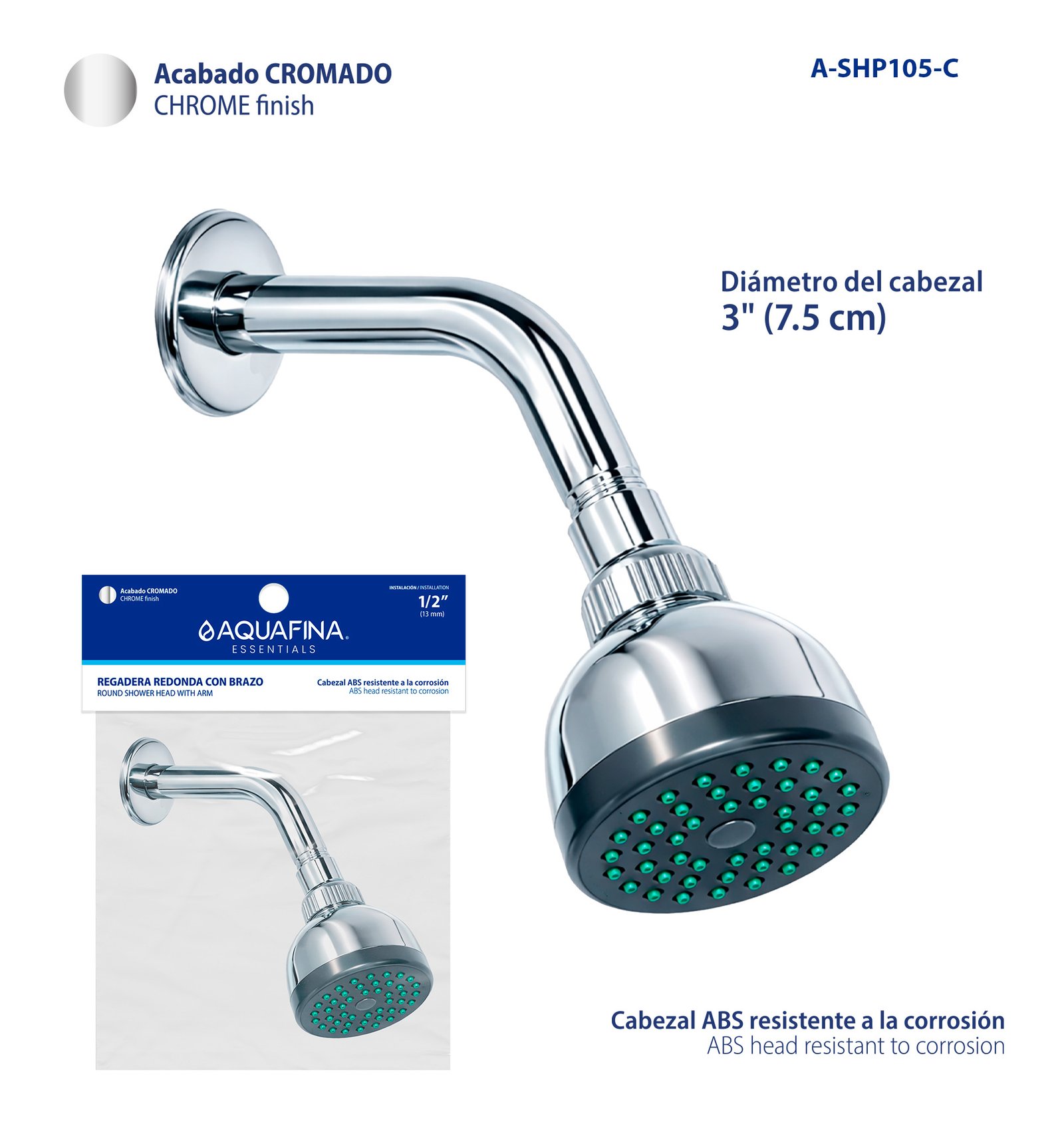 Regadera Redonda con Brazo 3" - Acabado Cromado Aquafina