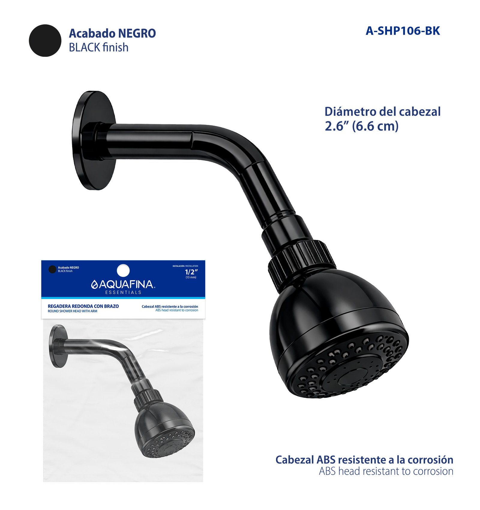 Regadera Redonda con Brazo 2.6" - Acabado Negro Aquafina