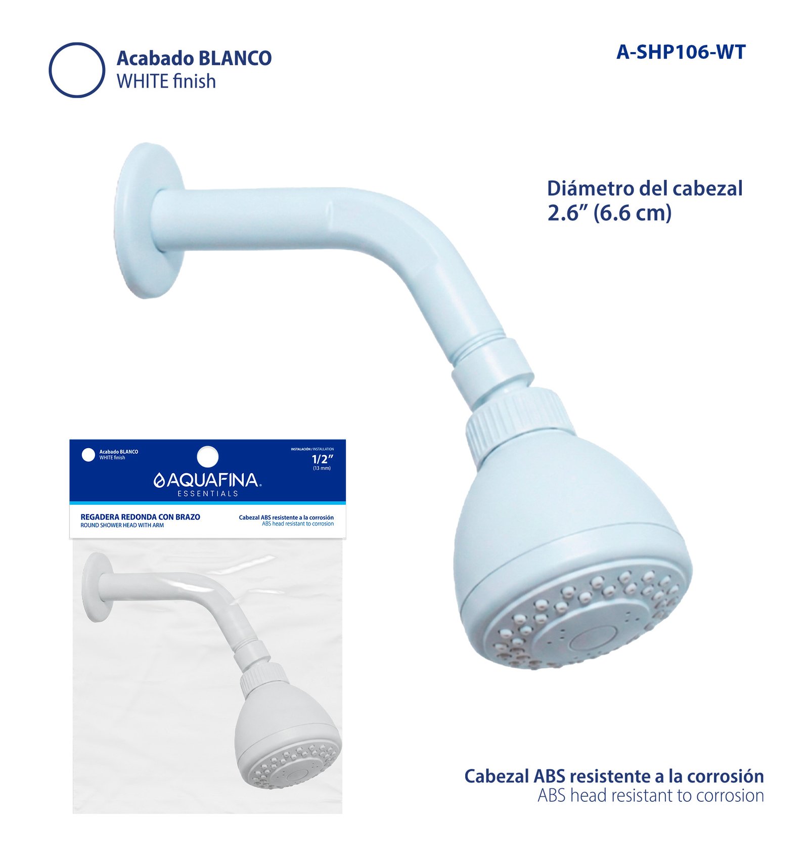 Regadera Redonda con Brazo 2.6" - Acabado Blanco Aquafina