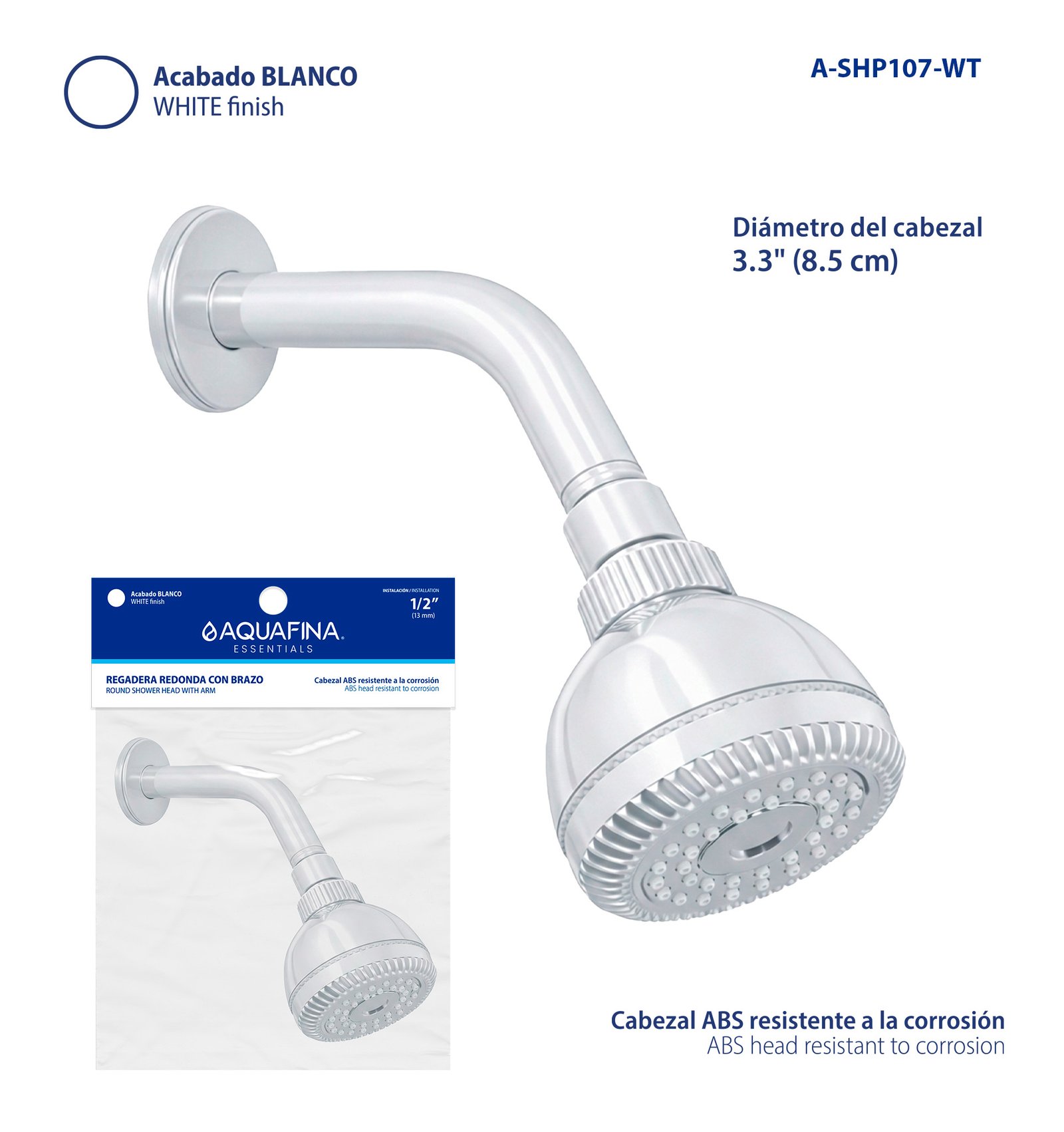 Regadera Redonda con Brazo 3.3" - Acabado Blanco Aquafina