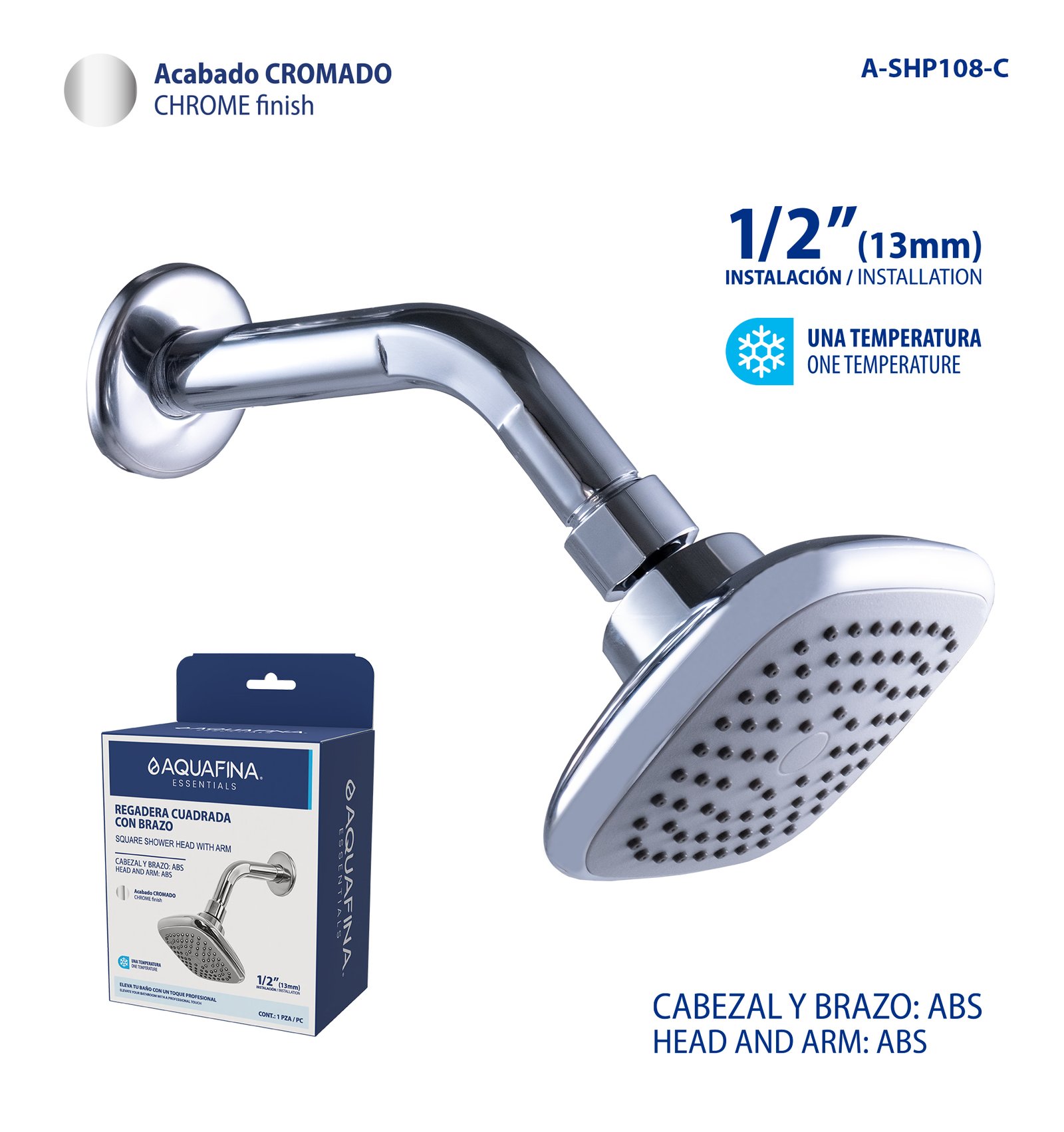 Regadera Cuadrada con Brazo 1/2" - Acabado Cromado Aquafina
