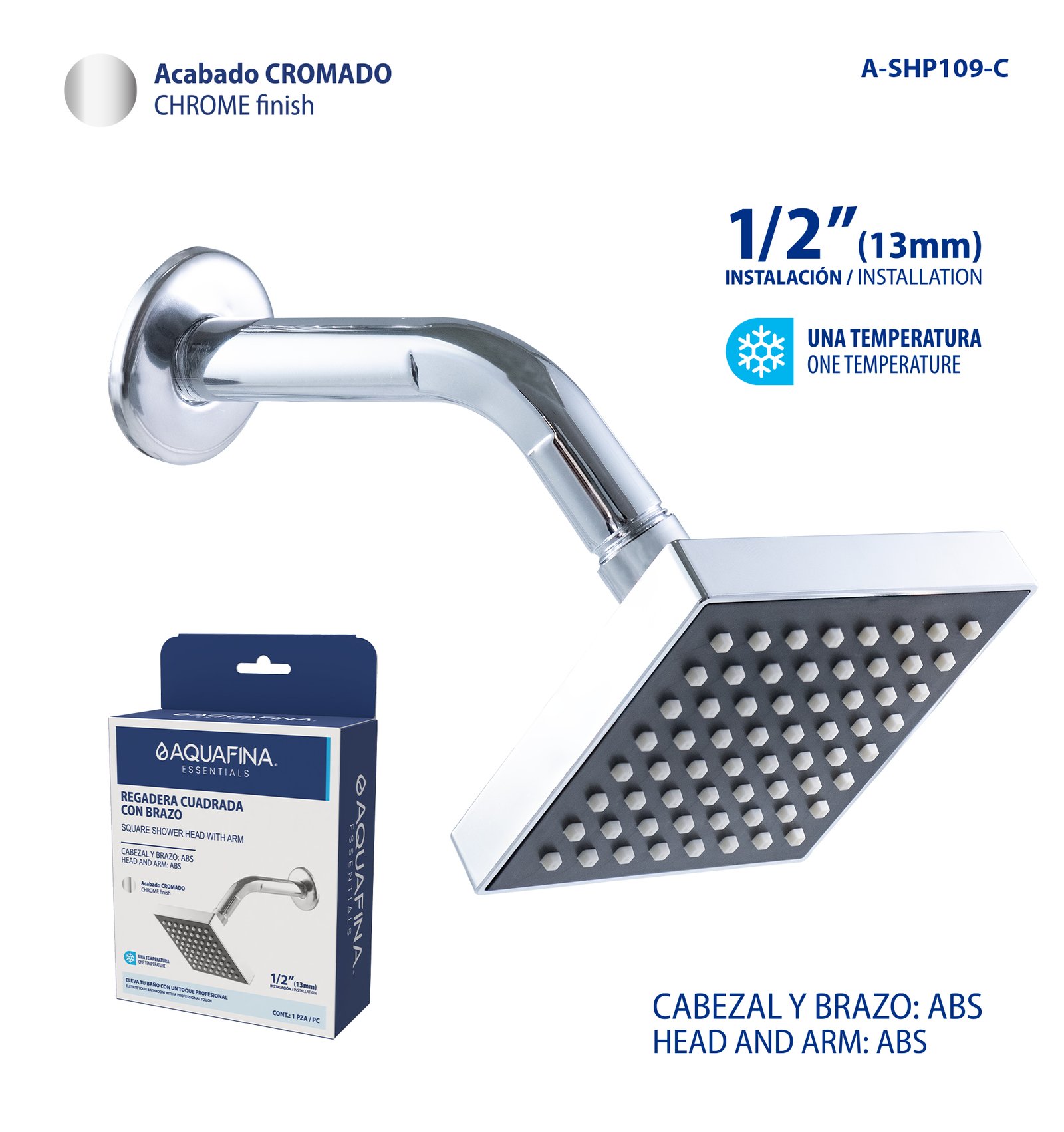 Regadera Cuadrada con Brazo 1/2" - Acabado Cromado Aquafina