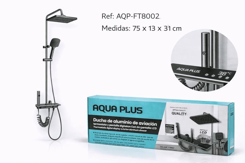 Ducha Eléctrica de Aluminio C/termostato y Pantalla Digital Lcd Medidas 75 x 13 x 31 cm Aqua Plus