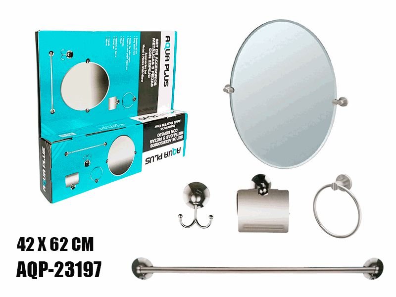 Set de Accesorios para Baño con Espejo de Acero Inoxidable Medidas 42 x 62 cm (SET de 5 Piezas) Aqua Plus