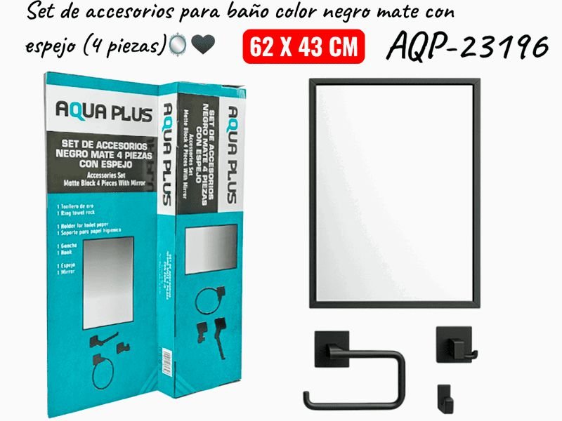 Set de Accesorios para Baño con Espejo Cuadrado Acabado Negro Mate Medidas 62 x 43 cm (SET de 4 Piezas) Aqua Plus