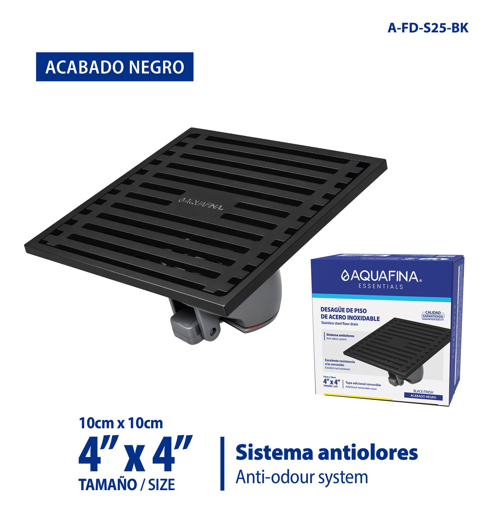 Desagüe para Piso de Acero Inoxidable 4 x 4 - Acabado Negrosistema Antiolores Aquafina