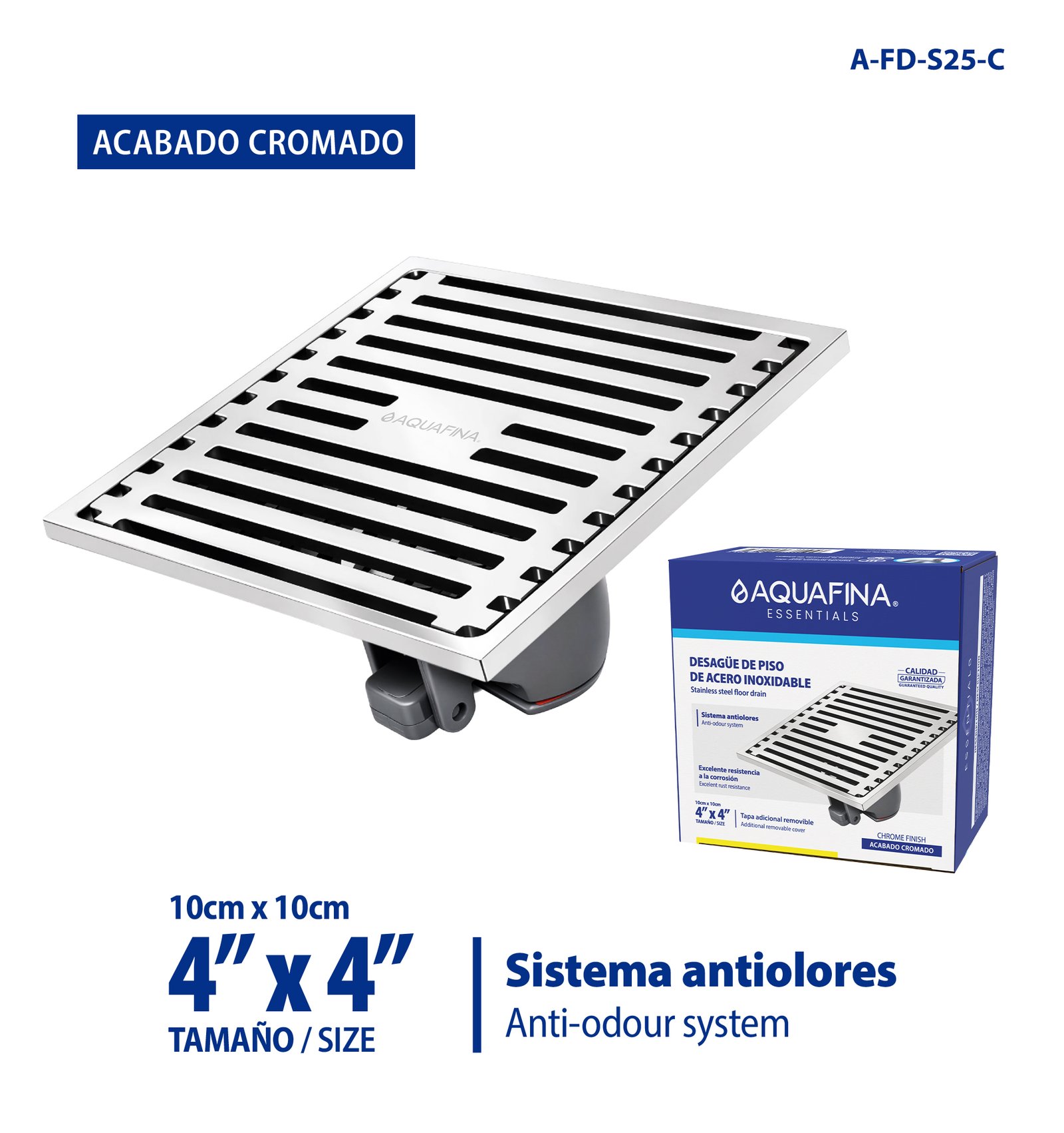 Desagüe para Piso de Acero Inoxidable 4 x 4 - Acabado Cromado- Sistema Antiolores Aquafina