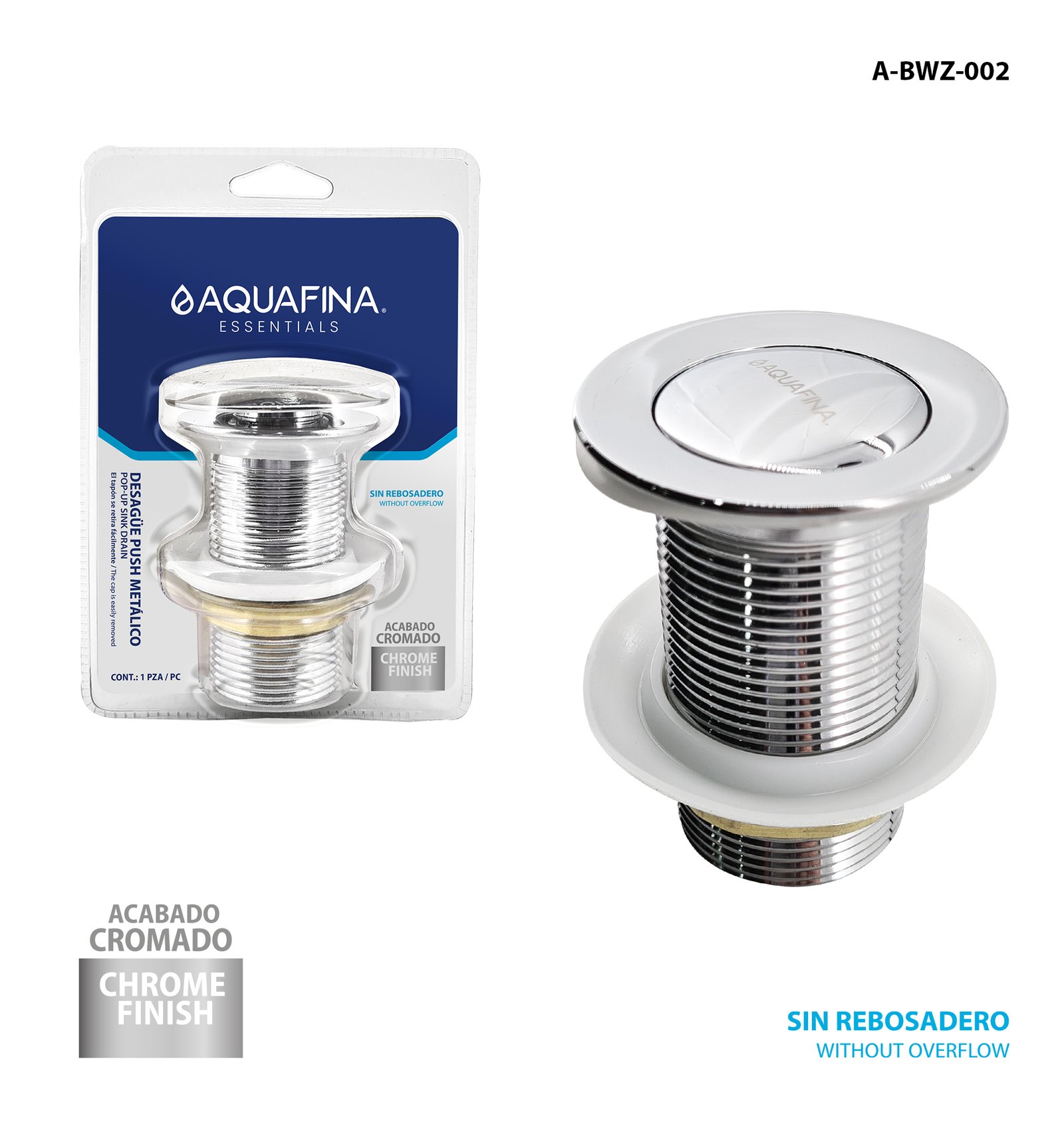 Desagüe Push Metálico Acero Inox. 1-1/2" con Borde Aquafina